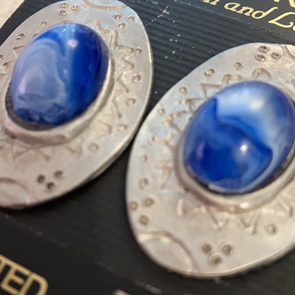5/$25 Two sisters Lauren and Leah handcrafted pewter and blue clip earrings. - Picture 3 of 3